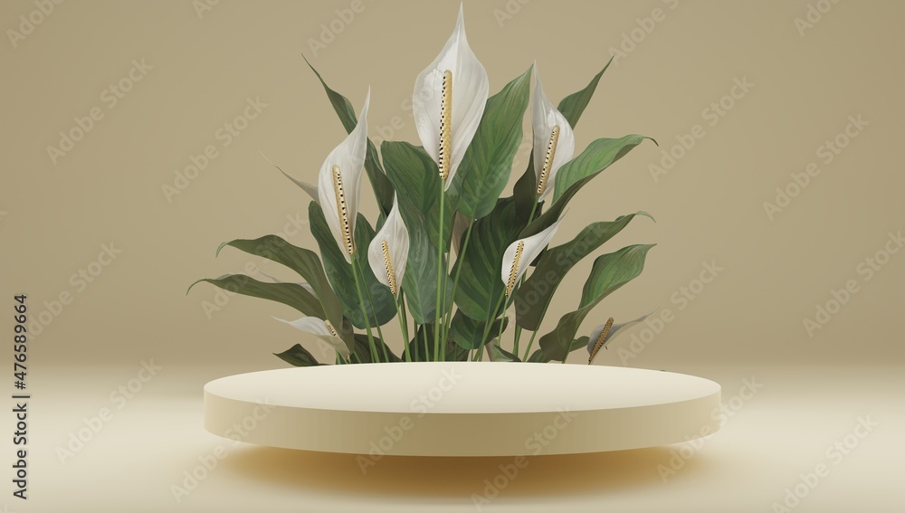 Aufkleber 3d rendering flower background yellow color with geometric shape podium for product display, minimal