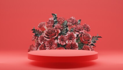 3D rendering rose flower background red color with geometric shape podium for product display, minimal concept, Premium illustration pastel floral elements, beauty, cosmetic, valentines day.