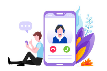 Male client calling technical support center with smartphone screen vector flat illustration