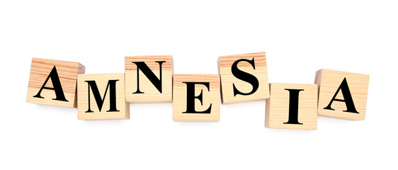 Wooden cubes with word Amnesia on white background, top view