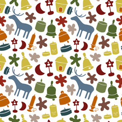 Christmas seamless pattern with isolated painted deer, christmas decorations on white background. Cute vector illustration for paper, textile, fabric, prints, wrapping, greeting cards, banners