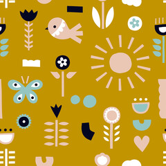 Seamless pattern with birds and butterflies