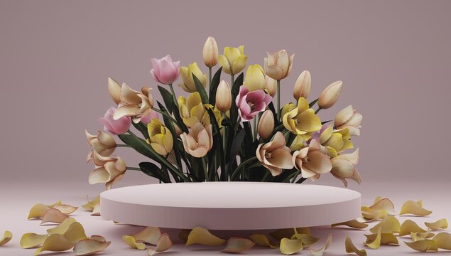3D rendering tulipan flower background pink and yellow colors with geometric shape podium for product display, minimal concept, floral elements, beauty, cosmetic, valentines day.