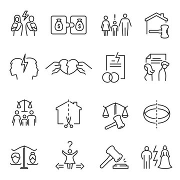 Monochrome divorce line icon set vector illustration. Simple logotype relationship trouble, conflict