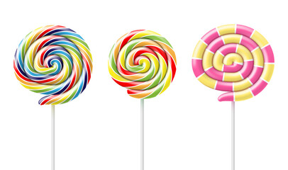Collection multicolored realistic circle lollipop on stick vector set spiral striped sweet candy