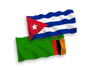 National vector fabric wave flags of Republic of Zambia and Cuba isolated on white background. 1 to 2 proportion.