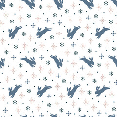 Christmas seamless pattern with isolated painted rabbits on white background. Cute vector illustration for paper, textile, fabric, prints, wrapping, greeting cards, banners