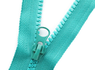 Turquoise zipper on white background, top view