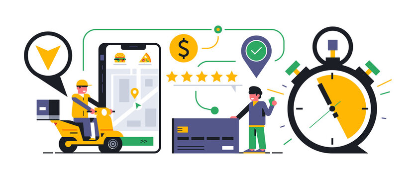 Online food delivery service to your home. Successfully completed food delivery order via a mobile application. Five stars review, payment by credit card. Stopwatch, route. Vector illustration