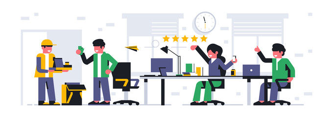 The courier delivered the food order to the office. Online food delivery service. Lunch break, payment for order and five stars feedback received. Vector illustration