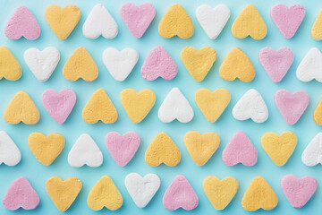 Heart shaped pastel candy pattern on a blue background. Top view