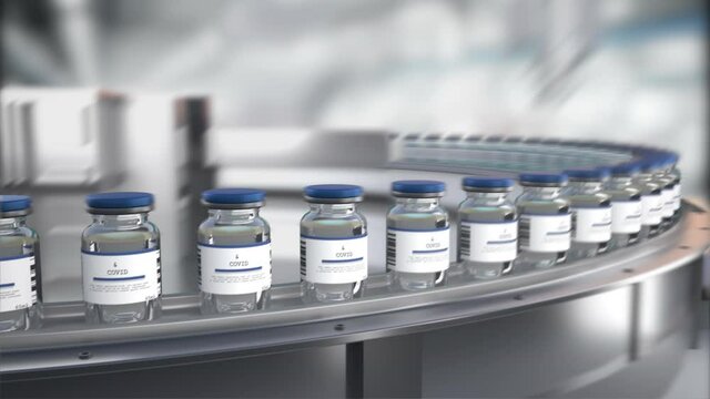 Mass production of coronavirus covid-19 vaccine. Manufacturing the vaccines on conveyor with covid-19 vials in the pharmaceutical laboratory. Medicine for immunization and vaccination, loop animation