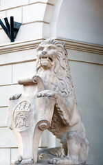 Lviv coat of arms on shield of lion sculpture in Lviv Ukraine