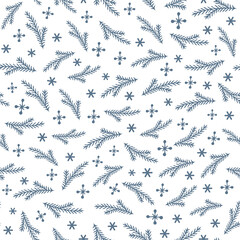 Christmas seamless pattern with isolated painted branches, snowflakes on white background. Cute vector illustration for paper, textile, fabric, prints, wrapping, greeting cards, banners