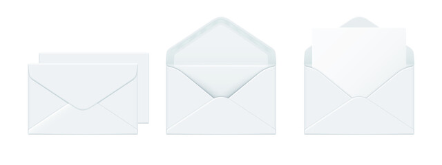 White envelope mockup. Open and closed letter, mail message and paper document in envelope vector Illustration