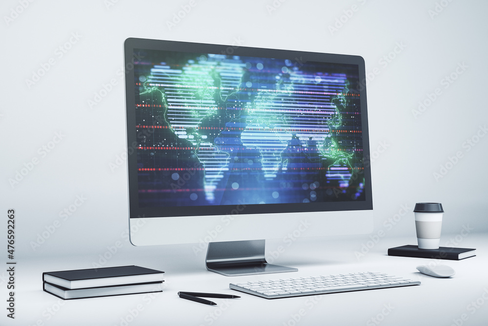 Poster computer monitor with abstract creative digital world map, globalization concept. 3d rendering
