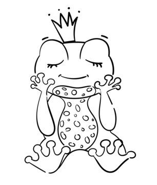 outline of cute little dreamy frog with crown on its head, isolated on white background. Character illustration for coloring