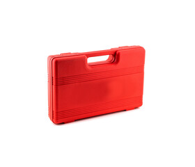 Set of tools for car repair in red plasic box isolated on white background