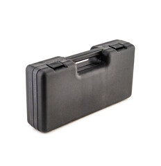 Set of tools for car repair in black plasic box isolated on white background