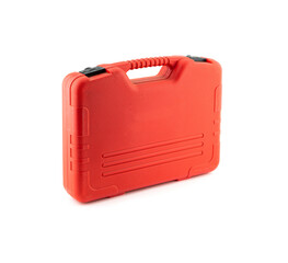 Set of tools for car repair in red plasic box isolated on white background