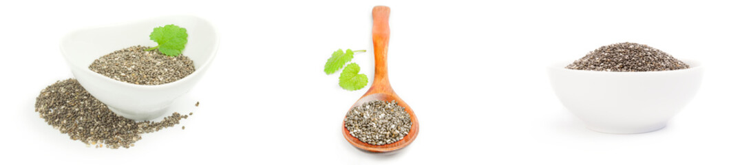 Set of pile of chia seeds on white