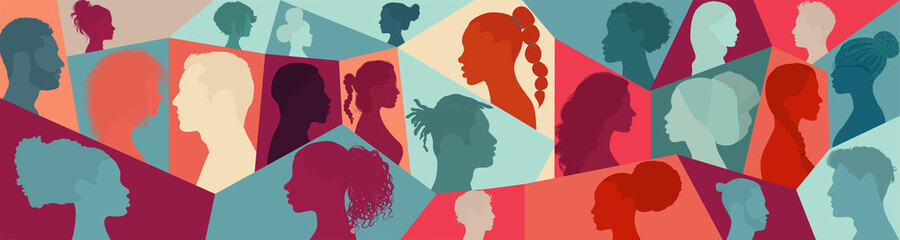 Silhouette profile group of men and women of diverse cultures. Diversity multi-ethnic people. Concept of racial equality and anti-racism. Multicultural and multiethnic society. Friendship - obrazy, fototapety, plakaty
