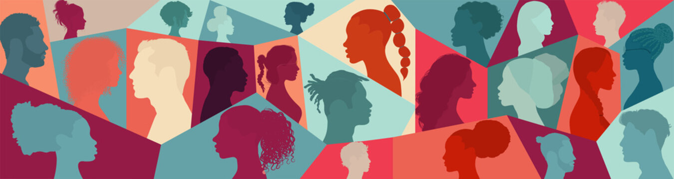 Silhouette profile group of men and women of diverse cultures. Diversity multi-ethnic people. Concept of racial equality and anti-racism. Multicultural and multiethnic society. Friendship