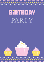 Birthday party invitation in vintage style. Cupcakes with cream.