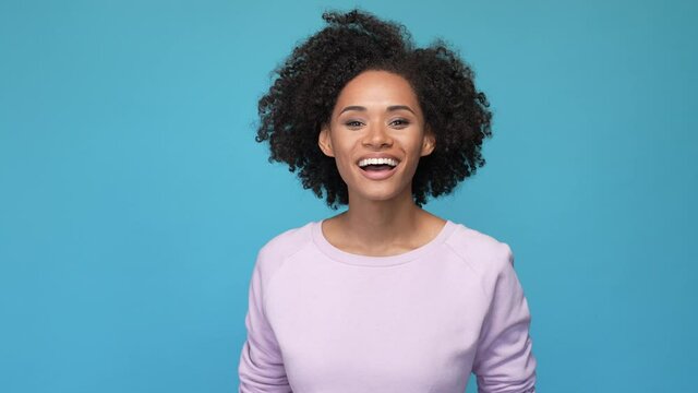 Cute sweet lady touch haircut pullover isolated blue color background