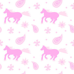 Seamless vector pattern with horses for valentine's day in the trending color pink. Abstract, animalistic, minimalist hand drawn print. Designs for textiles, fabric, wrapping paper, packaging.