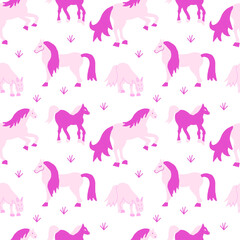 Seamless vector pattern with horses for valentine's day in the trending color pink. Abstract, animalistic, minimalist hand drawn print. Designs for textiles, fabric, wrapping paper, packaging.