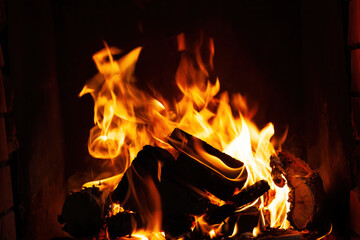 Fireplace with wood and fire flames