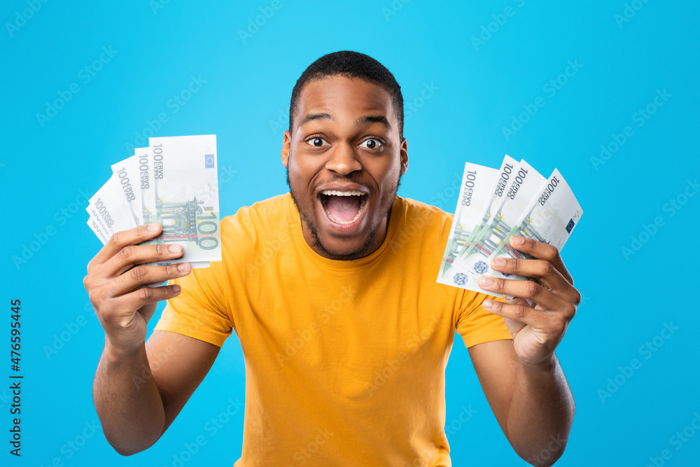 Sticker Black Guy Showing Euro Money Shouting In Joy, Blue Background