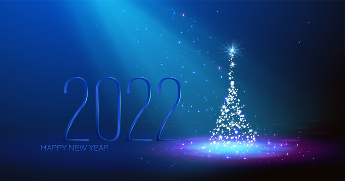 Blue New Year metallic numbers with Christmas tree. Retro design for greeting banner, poster etc.