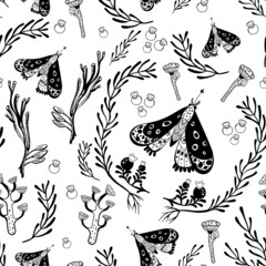 Vector pattern of in graphic style.Hand-drawn leaves, butterflies, mushrooms