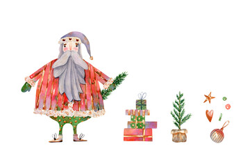 Watercolor santa claus illustration in vintage style collection. Christmas cartoon character, bunch of gifts, christmas tree, decorations, confetti, presents