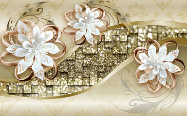 3d wallpaper white jewelry flowers on golden jewelry background for home decor
