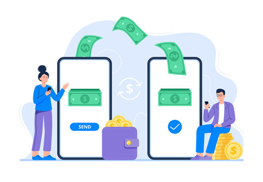 A man and woman send and receive money via a smartphone app. Application for online transactions. Concept of money transfer, e-commerce, and banking. Vector flat illustration for banners, webpage.