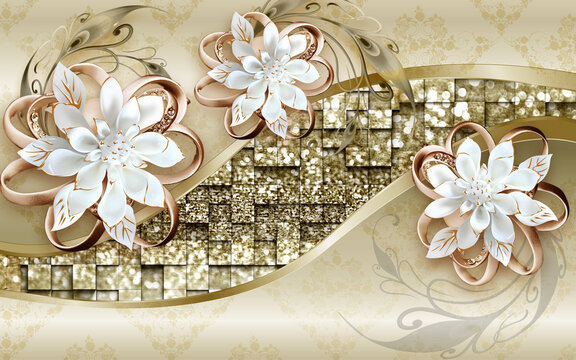 3d Wallpaper White Jewelry Flowers On Golden Jewelry Background For Home Decor