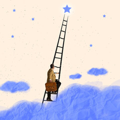 Creative design. Contemporary art collage of businessman climbing up the ladder to the star