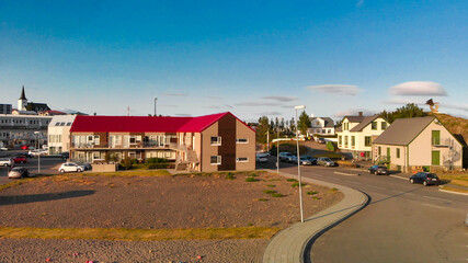 Panoramic view of town Borgarnes in South-Western Iceland from a drone viewpoint