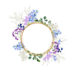 Violet floral frame watercolor illustration with hand drawn boho flower, orchid in color trandy very peri. Bohemian bouquet illustration for wedding card, bridal shower, baby shower