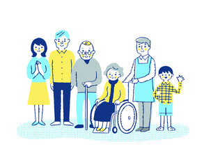 車椅子のおばあちゃんとヘルパーと家族