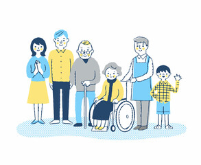 車椅子のおばあちゃんとヘルパーと家族