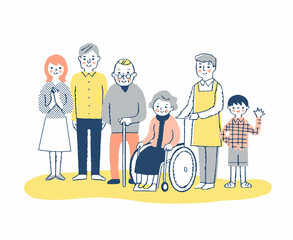 車椅子のおばあちゃんとヘルパーと家族