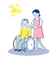 車椅子のシニア男性と女性介護スタッフ