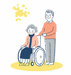 車椅子のシニア女性とシニア男性