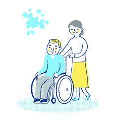 車椅子のシニア男性とシニア女性