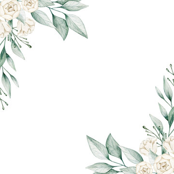 Watercolor illustration card with green leaves frame and white roses. Isolated on white background. Hand drawn clipart. Perfect for card, postcard, tags, invitation, printing, wrapping.