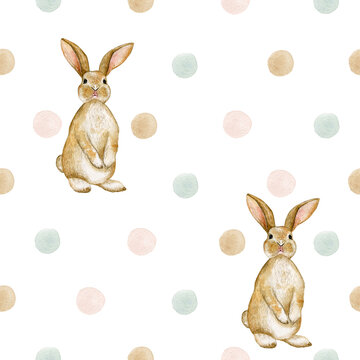 Watercolor seamless cute pattern polka dots and bunnies. Isolated on white background. Hand drawn clipart. Perfect for card, fabric, tags, invitation, printing, wrapping.